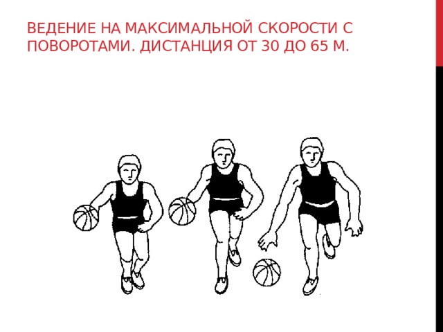 Ведение на максимальной скорости с поворотами. Дистанция от 30 до 65 м.     