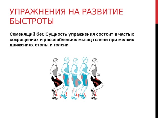 Упражнения на развитие быстроты Семенящий бег. Сущность упражнения состоит в частых сокращениях и расслаблениях мышц голени при мелких движениях стопы и голени.   