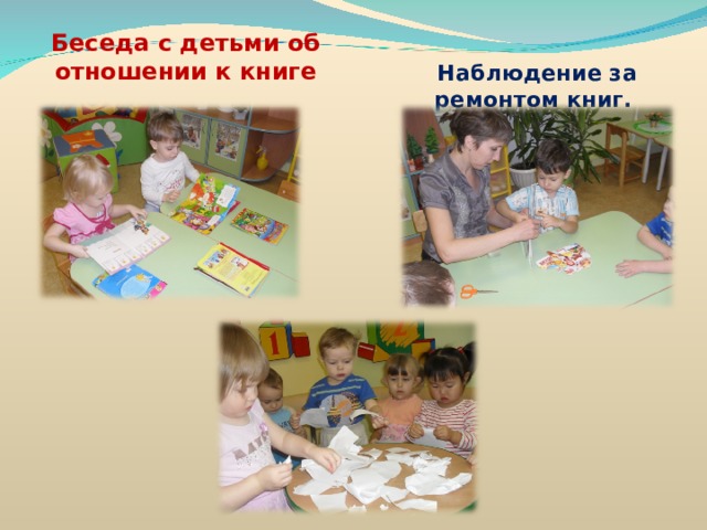Беседа с детьми об отношении к книге  Наблюдение за ремонтом книг.  