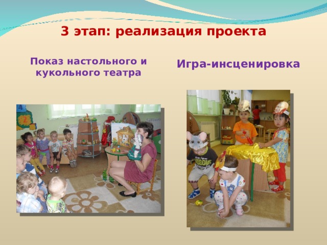 3 этап: реализация проекта Игра-инсценировка Показ настольного и кукольного театра 