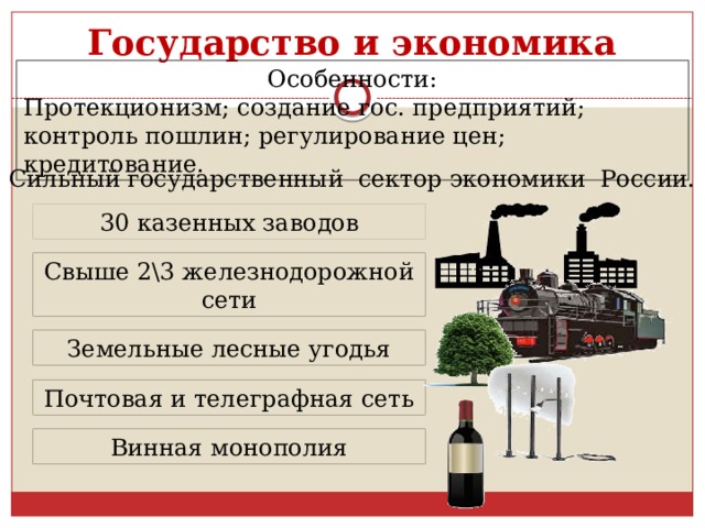 Государство и экономика Особенности: Протекционизм; создание гос. предприятий; контроль пошлин; регулирование цен; кредитование. Сильный государственный сектор экономики России. 30 казенных заводов Свыше 2\3 железнодорожной сети Земельные лесные угодья Почтовая и телеграфная сеть Винная монополия 