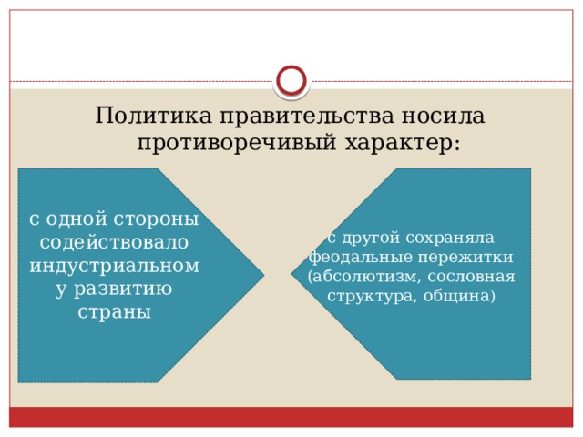 Политика правительства носила противоречивый характер: с одной стороны содействовало индустриальному развитию страны с другой сохраняла феодальные пережитки (абсолютизм, сословная структура, община ) 