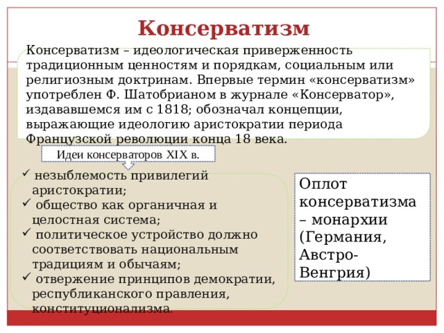 Консерватизм Консерватизм – идеологическая приверженность традиционным ценностям и порядкам, социальным или религиозным доктринам. Впервые термин «консерватизм» употреблен Ф. Шатобрианом в журнале «Консерватор», издававшемся им с 1818; обозначал концепции, выражающие идеологию аристократии периода Французской революции конца 18 века. Идеи консерваторов XIX в.  незыблемость привилегий аристократии;  общество как органичная и целостная система;  политическое устройство должно соответствовать национальным традициям и обычаям;  отвержение принципов демократии, республиканского правления, конституционализма . Оплот консерватизма – монархии (Германия, Австро-Венгрия) 