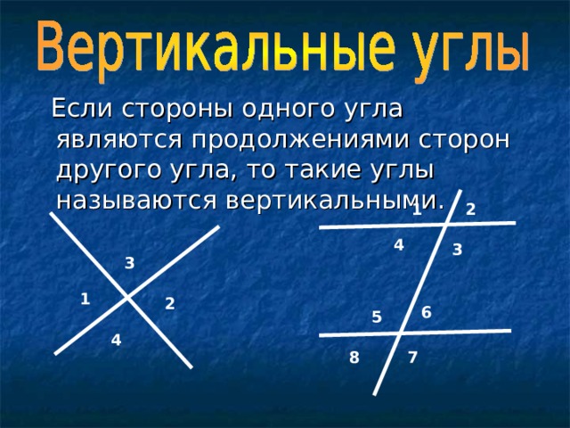  Если стороны одного угла являются продолжениями сторон другого угла, то такие углы называются вертикальными. 2 1 4 3 3 1 2 6 5 4 8 7 