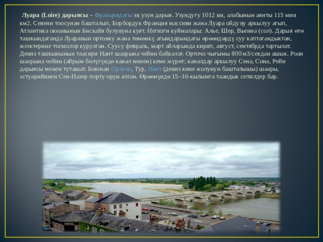  Луара ( Loire) дарыясы  –  Франциядагы  эң узун дарыя. Узундугу 1012 км, алабынын аянты 115 миң км2. Севенн тоосунан башталып, Борбордук Франция массиви жана Луара ойдуңу аркылуу агып, Атлантика океанынын Бискайя булуңуна куят. Негизги куймалары: Алье, Шер, Вьенна (сол). Дарыя өтө ташкындаганда Луаранын ортонку жана төмөнкү агымдарындагы өрөөндөрдү суу каптагандыктан, жээктерине тосмолор курулган. Суусу февраль, март айларында кирип, август, сентябрда тартылат. Деңиз ташкынынын таасири Нант шаарына чейин байкалат. Орточо чыгымы 800 м3/секдан ашык. Роан шаарына чейин (айрым бөлүгүндө канал менен) кеме жүрөт; каналдар аркылуу Сена, Сона, Рейн дарыясы менен туташат. Боюнан  Орлеан , Тур,  Нант  (деңиз кеме жолунун башталышы) шаары, эстуарийинен Сен-Назер порту орун алган. Өрөөнүндө 15–16-кылымга таандык сепилдер бар. 