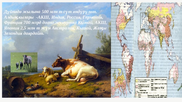 Дүйнөдө жылына 500 млн т сүт өндүрүлөт. Алдыӊкылары -АКШ, Индия, Россия, Германия, Франция 700 млрд даана жумуртка Кытай, АКШ, Япония 2,5 млн т жүн Австралия, Кытай, Жаӊы Зеландия даярдайт. . 