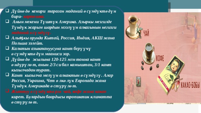 Дүйнөдө кенири тараган маданий өсүмдүктөдүн бири- картошка.  Анын мекени Түштүк Америка. Азыркы мезгилде Түндүк жарым шардын мээлүүн алкагынын негизги маданий өсүмдүгү. Алыӊкы орунда Кытай, Россия, Индия, АКШ жана Польша ээлейт. Калктын азыктануусуна кант берүүчү өсүмдүктөдүн мааниси зор. Дүйнөдө жылына 120-125 млн тонна кант өндүрүлөт, анын 2/3 си бал камыштан, 3/1 кант кызылчадан турат. Кант кызылча мелүүн алкактын өсүмдүгү. Алар Россия, Украина, Чет өлкөлүк Европада жана Түндүк Америкада өстүрүлөт. Жыттуу өсүмдүктөргө чай, кофе жана какао кирет. Булардын баардыгы тропиктик климатта өстүрүлөт.   