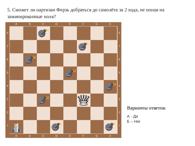 5. Сможет ли партизан Ферзь добраться до самолёта за 2 хода, не попав на заминированные поля? Варианты ответов: А - Да Б – Нет 