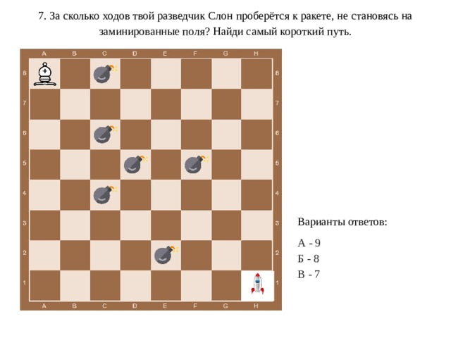 7. За сколько ходов твой разведчик Слон проберётся к ракете, не становясь на заминированные поля? Найди самый короткий путь. Варианты ответов: А - 9 Б - 8 В - 7 