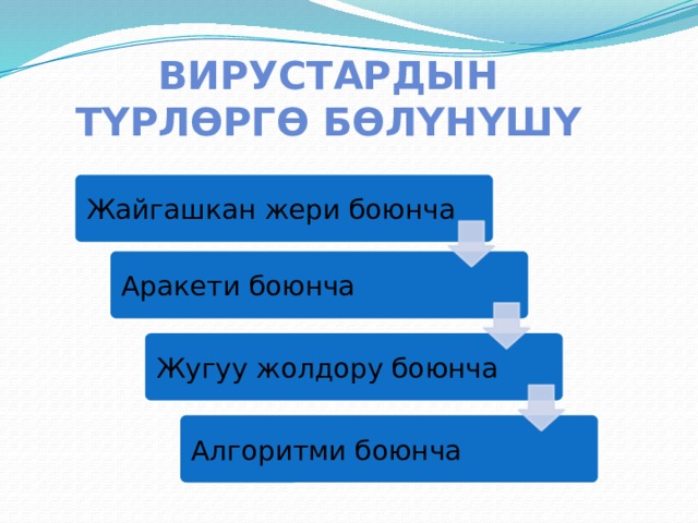 Вирустардын түрлөргө бөлүнүшү Жайгашкан жери боюнча Аракети боюнча Жугуу жолдору боюнча Алгоритми боюнча 