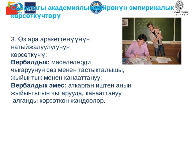          Сабактагы академиялык чөйрөнүн эмпирикалык көрсөткүчтөрү    3. Өз ара аракеттенүүнүн  натыйжалуулугунун  көрсөткүчү:  Вербалдык: маселелерди  чыгаруунун сөз менен тастыкталышы,  жыйынтык менен канааттануу;  Вербалдык эмес: аткарган иштен анын  жыйынтыгын чыгарууда, канааттануу  алганды көрсөткөн жандоолор.        