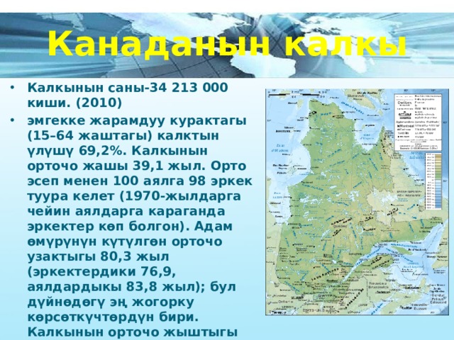 Канаданын калкы Калкынын саны- 34 213 000 киши. (2010) эмгекке жарамдуу курактагы (15–64 жаштагы) калктын үлүшү 69,2%. Калкынын орточо жашы 39,1 жыл. Орто эсеп менен 100 аялга 98 эркек туура келет (1970-жылдарга чейин аялдарга караганда эркектер көп болгон). Адам өмүрүнүн күтүлгөн орточо узактыгы 80,3 жыл (эркектердики 76,9, аялдардыкы 83,8 жыл); бул дүйнөдөгү эң жогорку көрсөткүчтөрдүн бири. Калкынын орточо жыштыгы төмөн, 1 км 2  жерге 3 адам туура келет. Алар аймак боюнча өтө ар түрдүү отурукташкан 
