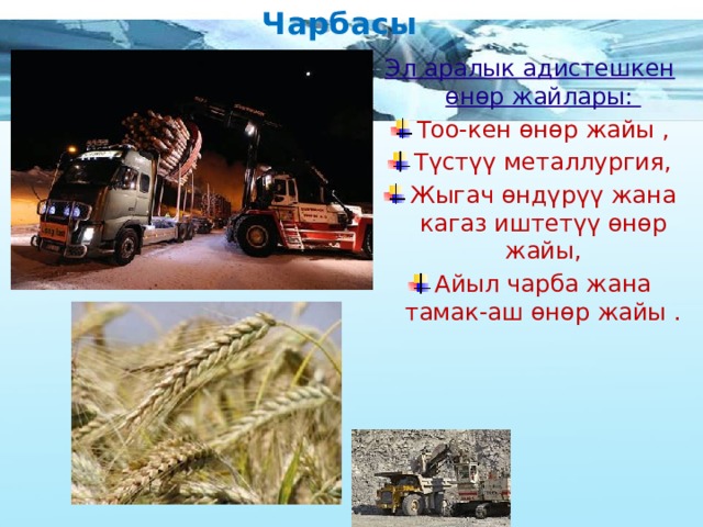 Чарбасы Эл аралык адистешкен өнөр жайлары: Тоо-кен өнөр жайы , Түстүү металлургия, Жыгач өндүрүү жана кагаз иштетүү өнөр жайы, Айыл чарба жана тамак-аш өнөр жайы . 