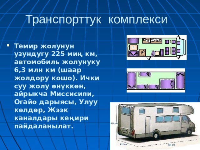 Транспорттук комплекси Темир жолунун узундугу 225 миң км, автомобиль жолунуку 6,3 млн км (шаар жолдору кошо). Ички суу жолу өнүккөн, айрыкча Миссисипи, Огайо дарыясы, Улуу көлдөр, Жээк каналдары кеңири пайдаланылат.  