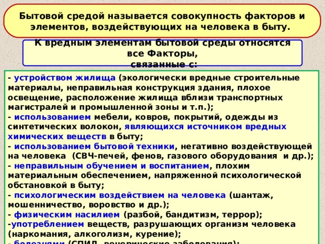Бытовой средой называется совокупность факторов и элементов, воздействующих на человека в быту. К вредным элементам бытовой среды относятся все Факторы,  связанные с: - устройством жилища (экологически вредные строительные материалы, неправильная конструкция здания, плохое освещение, расположение жилища вблизи транспортных магистралей и промышленной зоны и т.п.); - использованием мебели, ковров, покрытий, одежды из синтетических волокон, являющихся источником вредных химических веществ в быту; - использованием бытовой техники , негативно воздействующей на человека (СВЧ-печей, фенов, газового оборудования и др.); - неправильным обучением и воспитанием , плохим материальным обеспечением, напряженной психологической обстановкой в быту; - психологическим воздействием на человека (шантаж, мошенничество, воровство и др.); - физическим насилием (разбой, бандитизм, террор); - употреблением веществ, разрушающих организм человека (наркомания, алкоголизм, курение); - болезнями (СПИД, венерические заболевания); - продуктами питания , содержащими вредные компоненты. 