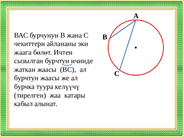 А ВАС бурчунун В жана С чекиттери айлананы эки жаага бөлөт. Ичтен сызылган бурчтун ичинде жаткан жаасы (ВС), ал бурчтун жаасы же ал бурчка туура келүүчү (тирелген) жаа катары кабыл алынат. В С 