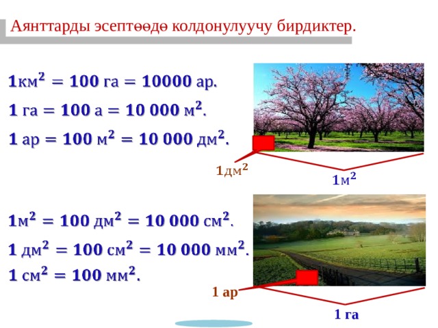 9 Аянттарды эсептөөдө колдонулуучу бирдиктер.                 1 ар 1 га 