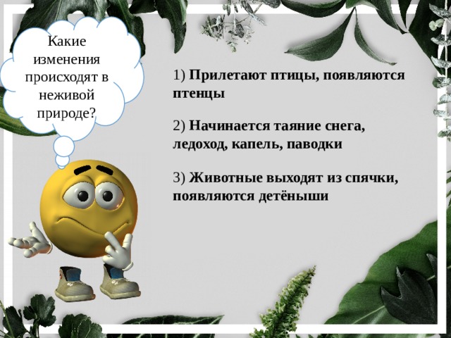 Какие изменения происходят в неживой природе? 1) Прилетают птицы, появляются птенцы 2) Начинается таяние снега, ледоход, капель, паводки 3) Животные выходят из спячки, появляются детёныши 