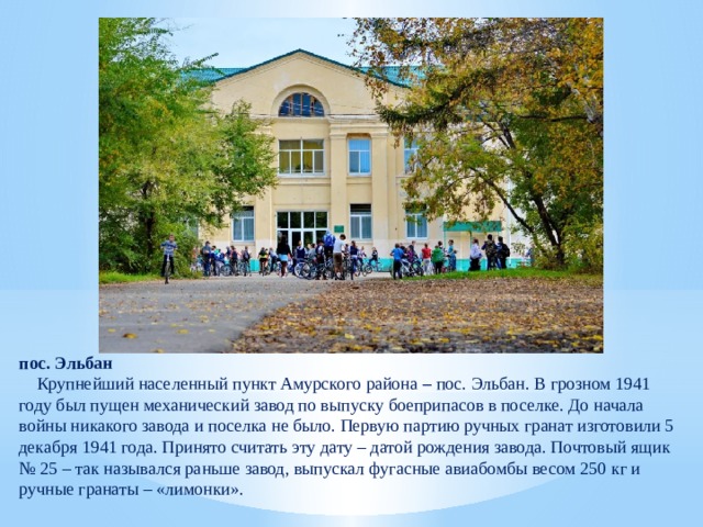 пос. Эльбан  Крупнейший населенный пункт Амурского района – пос. Эльбан. В грозном 1941 году был пущен механический завод по выпуску боеприпасов в поселке. До начала войны никакого завода и поселка не было. Первую партию ручных гранат изготовили 5 декабря 1941 года. Принято считать эту дату – датой рождения завода. Почтовый ящик № 25 – так назывался раньше завод, выпускал фугасные авиабомбы весом 250 кг и ручные гранаты – «лимонки». 