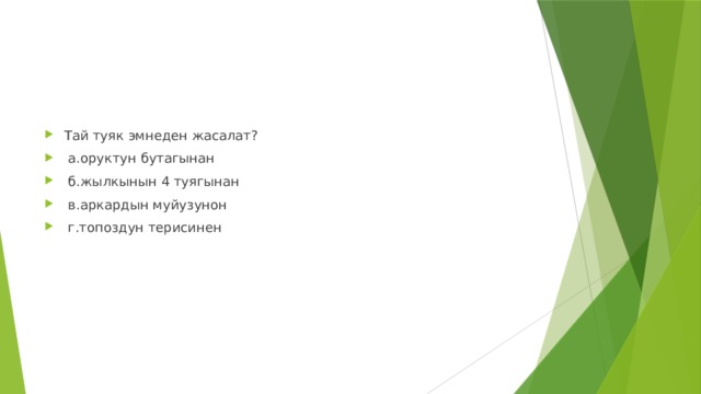 Тай туяк эмнеден жасалат?  а.оруктун бутагынан  б.жылкынын 4 туягынан  в.аркардын муйузунон  г.топоздун терисинен 