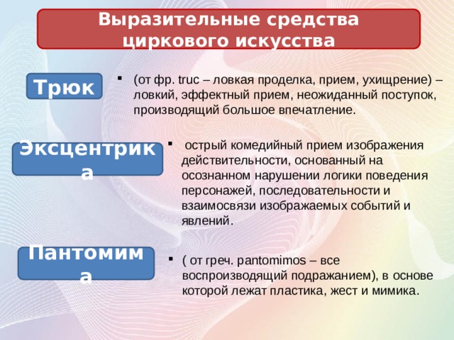 Выразительные средства циркового искусства (от фр. truc – ловкая проделка, прием, ухищрение) – ловкий, эффектный прием, неожиданный поступок, производящий большое впечатление. Трюк  острый комедийный прием изображения действительности, основанный на осознанном нарушении логики поведения персонажей, последовательности и взаимосвязи изображаемых событий и явлений. Эксцентрика Пантомима ( от греч. pantomimos – все воспроизводящий подражанием), в основе которой лежат пластика, жест и мимика. 