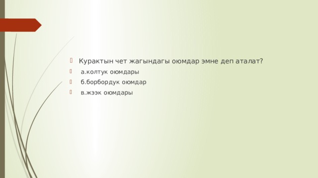 Курактын чет жагындагы оюмдар эмне деп аталат?  а.колтук оюмдары  б.борбордук оюмдар  в.жээк оюмдары 