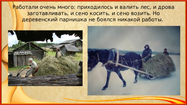 Работали очень много: приходилось и валить лес, и дрова заготавливать, и сено косить, и сено возить. Но деревенский парнишка не боялся никакой работы. 