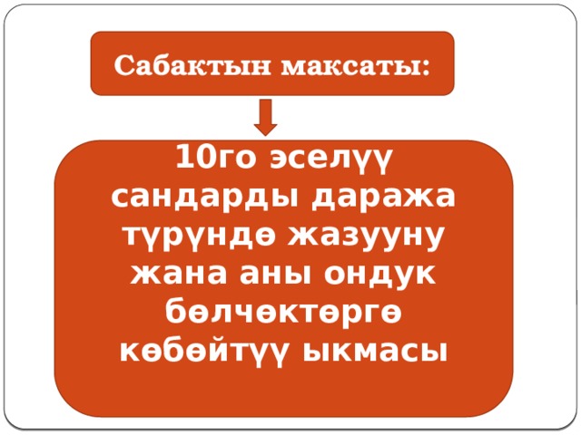 Сабактын максаты: 10го эселүү сандарды даража түрүндө жазууну жана аны ондук бөлчөктөргө көбөйтүү ыкмасы  