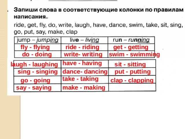 get - getting fly - flying ride - riding do - doing swim - swimming write- writing have - having sit - sitting laugh - laughing put - putting dance- dancing sing - singing take - taking go - going clap - clapping make - making say - saying 