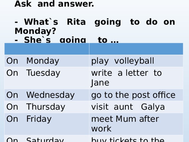 What is Rita going to do next week ? Ask and answer.    - What`s Rita going  to  do  on  Monday ?  - She`s going to …  On Monday play volleyball On  Tuesday write a letter to Jane On  Wednesday go to the post office On  Thursday visit aunt Galya On  Friday meet Mum after work On  Saturday buy tickets to the theatre On  Sunday stay at home 