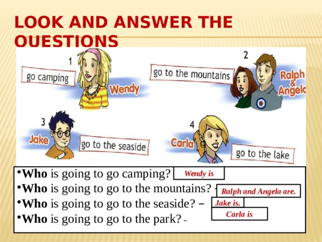 Look and answer the questions Who is going to go camping? –  Who is going to go to the mountains? –  Who is going to go to the seaside? – Who is going to go to the park?  –  Wendy is Ralph and Angela are. Jake is. Carla  is 