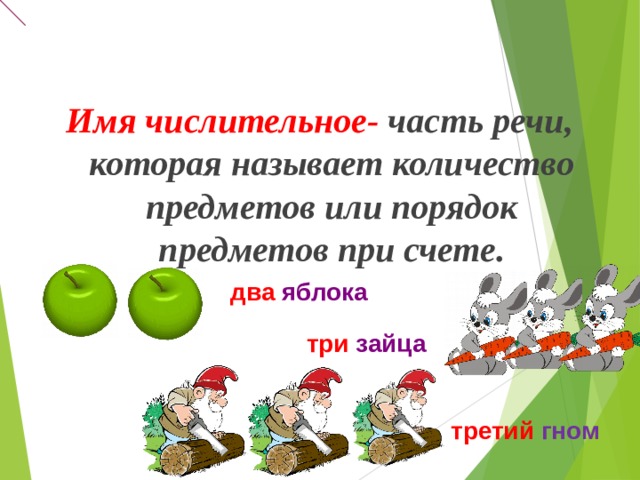 Имя числительное- часть речи, которая называет количество предметов или порядок предметов при счете. два  яблока три зайца третий гном 