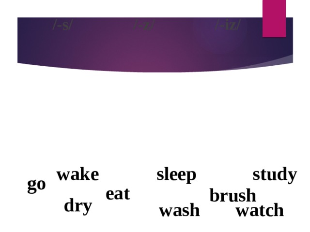  /-s/ /-z/ /-iz/      wake sleep study go eat brush dry wash watch  