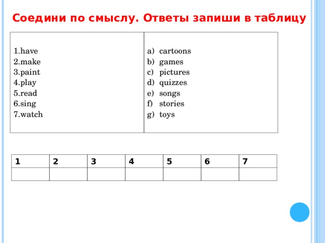 Соедини по смыслу. Ответы запиши в таблицу have make paint play read sing watch cartoons games pictures quizzes songs stories toys 1 2 3 4 5 6 7 