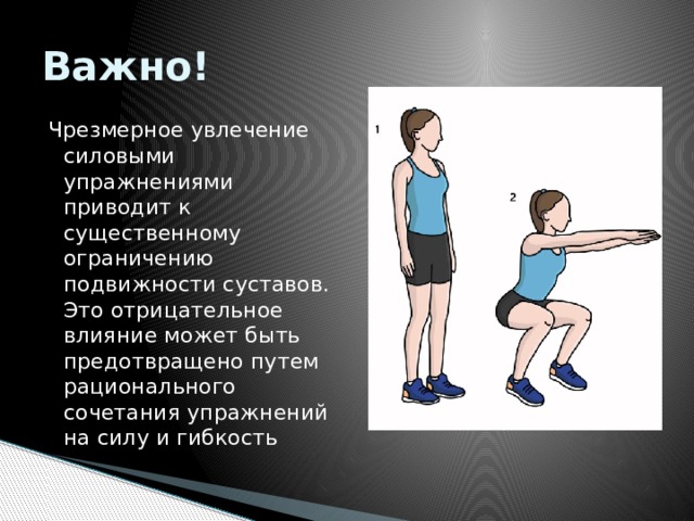 Важно! Чрезмерное увлечение силовыми упражнениями приводит к существенному ограничению подвижности суставов. Это отрицательное влияние может быть предотвращено путем рационального сочетания упражнений на силу и гибкость 