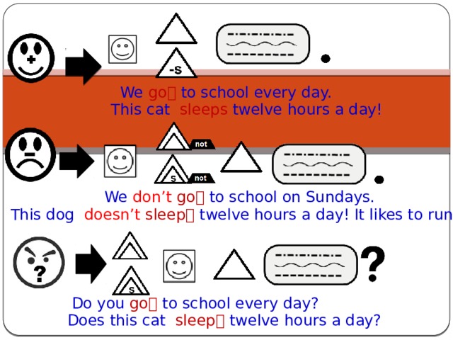 We  go   to school every day. This cat  sleeps  twelve  hours a day! We  don’t  go   to school on Sundays. This dog  doesn’t  sleep   twelve  hours a day! It likes to run! Do you  go   to school every day? Does this cat  sleep   twelve  hours a day? 