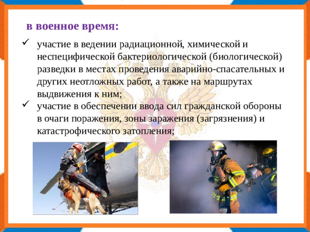 в военное время: участие в ведении радиационной, химической и неспецифической бактериологической (биологической) разведки в местах проведения аварийно-спасательных и других неотложных работ, а также на маршрутах выдвижения к ним; участие в обеспечении ввода сил гражданской обороны в очаги поражения, зоны заражения (загрязнения) и катастрофического затопления; 