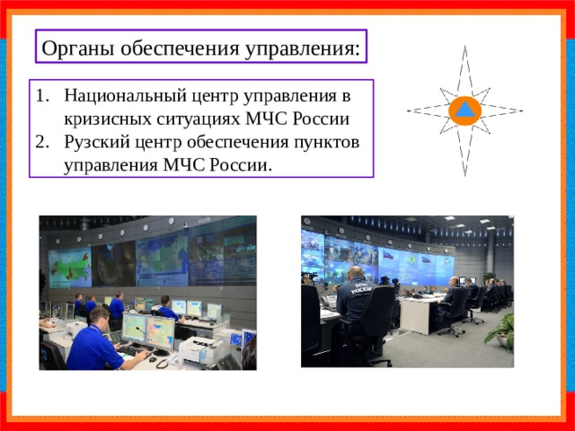 Органы обеспечения управления: Национальный центр управления в кризисных ситуациях МЧС России Рузский центр обеспечения пунктов управления МЧС России. 