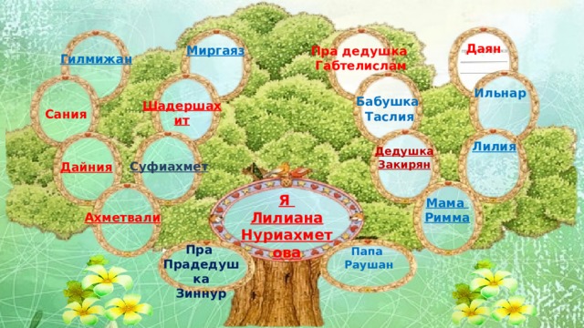  Миргаяз   Гилмижан Даян       Пра дедушка Габтелислам  Шадершахит Ильнар  Сания Бабушка Таслия Лилия  Дедушка Суфиахмет Закирян  Дайния Я Лилиана Нуриахметова Мама Римма  Ахметвали Пра Прадедушка Зиннур Папа Раушан 