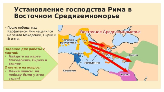 Установление господства Рима в Восточном Средиземноморье После победы над Карфагеном Рим нацелился на земли Македонии, Сирии и Египта. Задание для работы с картой: Найдите на карте Македонию, Сирию и Египет. Ответьте на вопрос: Какие шансы на победу были у этих стран? 