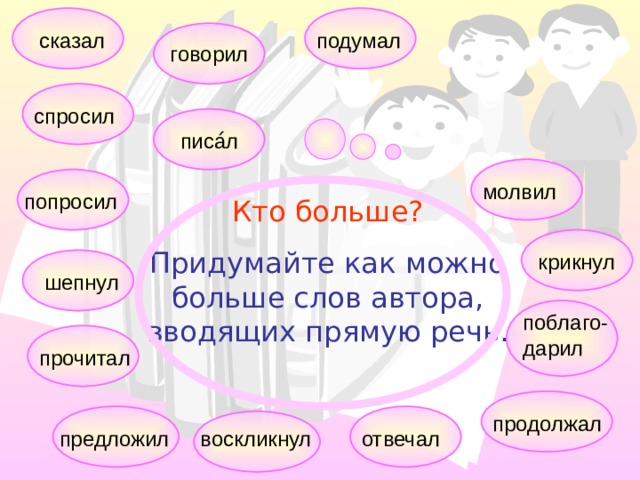подумал сказал говорил спросил писа ́ л молвил попросил Кто больше? Придумайте как можно больше слов автора, вводящих прямую речь. крикнул шепнул поблаго-дарил прочитал продолжал предложил воскликнул отвечал 