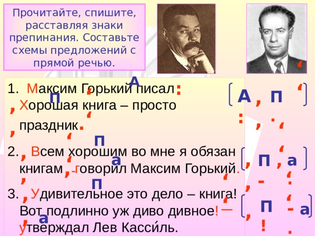 ,, ,, ,, ,, ,, ,, Прочитайте, спишите, расставляя знаки препинания. Составьте схемы предложений с прямой речью. А : 1. М аксим Горький писал Х орошая книга – просто праздник . 2. В сем хорошим во мне я обязан книгам г оворил Максим Горький . 3. У дивительное это дело – книга! Вот подлинно уж диво дивное !  у тверждал Лев Касси ́ ль. А  : ,, П . П ,, П ,, ,, П , - а а . , - П ,, П ! - а . ,, а 