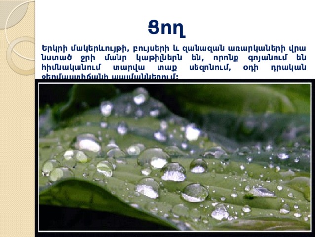 Ցող Երկրի մակերևույթի, բույսերի և զանազան առարկաների վրա նստած ջրի մանր կաթիլներն են, որոնք գոյանում են հիմնականում տարվա տաք սեզոնում, օդի դրական ջերմաստիճանի պայմաններում: 
