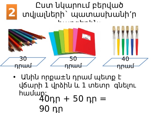 2 Ըստ նկարում բերված տվյալների` պատասխանի’ր հարցերին: 30 դրամ 50 դրամ 40 դրամ  Անին որքա ± ն դրամ պետք է վճարի 1 վրձին և 1 տետր գնելու համար: 40դր + 50 դր = 90 դր 