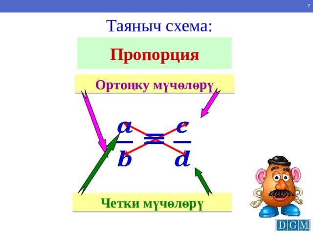 Таяныч схема: Пропорция Ортоңку мүчөлөрү  =   Четки мүчөлөрү 