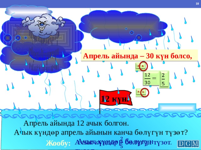 Апрель айында – 30 күн болсо, 2 6    =     5 6   12 күн. Г.В. Дорофеев, Л.Г. Петерсон, 5 класс (часть 2). № 680. На кнопку «Показать» можно сделать клик несколько раз.   Апрель айында 12 ачык болгон. Ачык күндөр апрель айынын канча бөлүгүн түзөт?  Ачык күндөр бөлүгүн түзөт.   Жообу: 10 