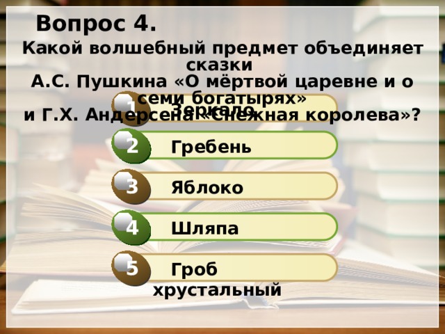 Вопрос 4. Какой волшебный предмет объединяет сказки А.С. Пушкина «О мёртвой царевне и о семи богатырях» и Г.Х. Андерсена «Снежная королева»? 1  Зеркало 2  Гребень 3  Яблоко 4  Шляпа 5  Гроб хрустальный 