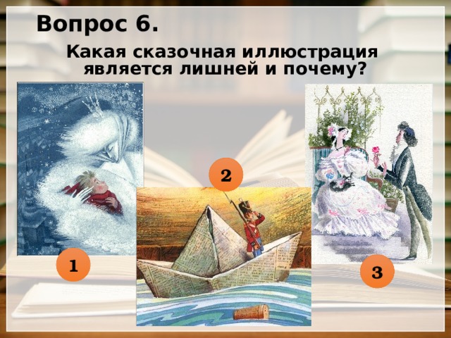 Вопрос 6. Какая сказочная иллюстрация является лишней и почему ? 2 1 3 