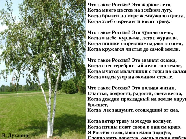 Что такое Россия? Это жаркое лето,  Когда много цветов на зелёном лугу,  Когда брызги на море жемчужного цвета,  Когда хлеб созревает и косят траву.   Что такое Россия? Это чудная осень,  Когда в небе, курлыча, летят журавли,  Когда шишки созревшие падают с сосен,  Когда кружатся листья до самой земли.   Что такое Россия? Это зимняя сказка,  Когда снег серебристый лежит на земле,  Когда мчатся мальчишки с горы на салазках,  Когда виден узор на оконном стекле.   Что такое Россия? Это полная жизни,  Счастья, бодрости, радости, света весна,  Когда дождик прохладный на землю вдруг брызнет,  Когда лес зашумит, отошедший от сна,   Когда ветер траву молодую волнует,  Когда птицы поют снова в нашем краю.  Я Россию свою, мою землю родную,  Словно мать дорогую, очень нежно люблю!  В. Духанин  