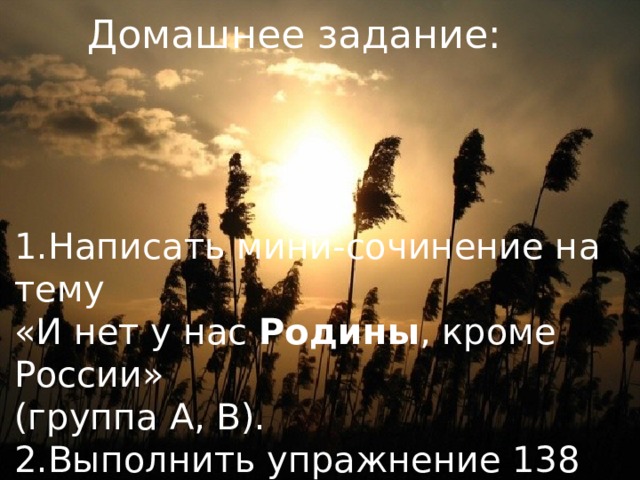 Домашнее задание:  1.Написать мини-сочинение на тему  «И нет у нас  Родины , кроме России»  (группа А, В).  2.Выполнить упражнение 138 (группа С). 